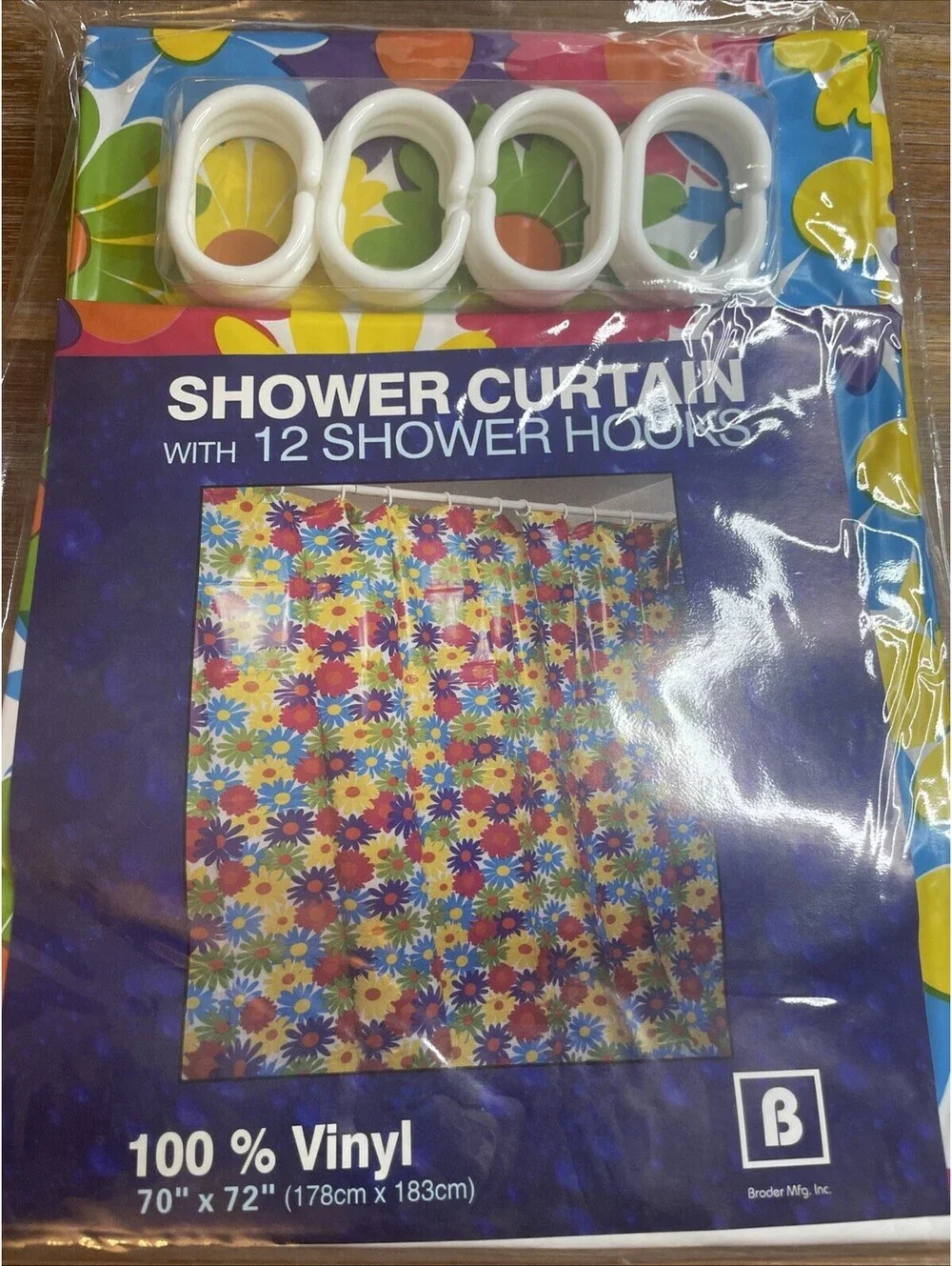 Vinyl Shower Curtain Set with 12 Hooks - Yellow Green Pink Purple Daisy’s 70x72